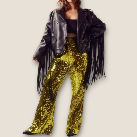 NWT‎ NASTY GAL Green Sequin Fringe Kick Flare Disco Pants US Sz 10 - Picture 1 of 9
